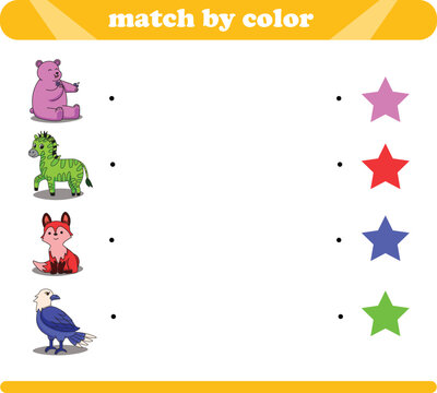 Color matching logic game with cute animal drawings bear zebra fox eagle