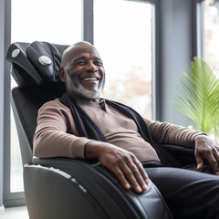 Black senior man in a massage chair. - obrazy, fototapety, plakaty