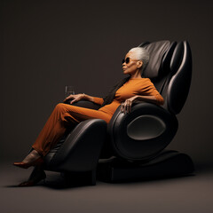 Black senior woman in a massage chair. - obrazy, fototapety, plakaty