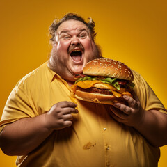 Obese man eating a hamburger. - obrazy, fototapety, plakaty
