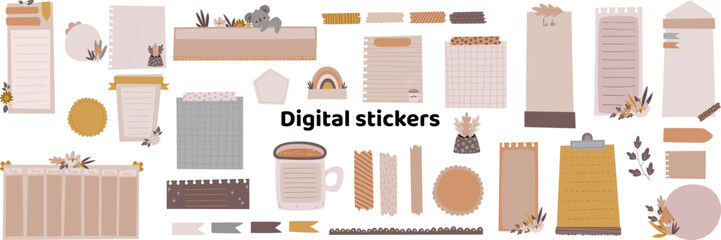 Blank hand-drawn digital stickers. Digital note papers and stickers for bullet journaling or planning. Digital planner stickers. Vector art. - 648003587