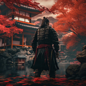 Samurai next to a temple.