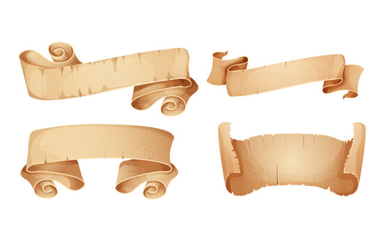 Set Parchment paper scroll ribbon, old vintage banner game ui element in cartoon style isolated on white background.