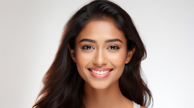 A closeup photo portrait of a beautiful young asian indian model woman smilling with clean teeth isolated on white background