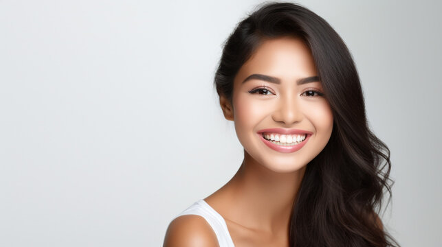 A closeup photo portrait of a beautiful young asian indian model woman smilling with clean teeth isolated on white background