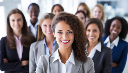 Fototapeta premium Young business woman looking at the camera with her colleagues on the background