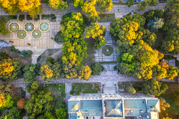 Aerial view of the garden and part of the building of the Archaeological Museum, Varna, Bulgaria. Top view