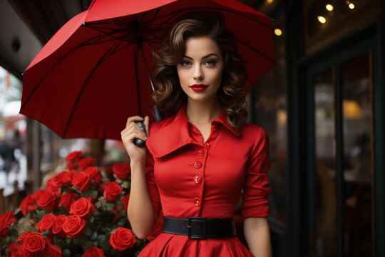 Portrait of a beautiful woman in vintage clothing holding umbrella. Paris cafe background. Made with Generative AI