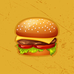 burger vector on orange background. one burger with cutlet, tomato, cheese and salad