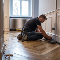 Man laying parquet floor in a house. - obrazy, fototapety, plakaty