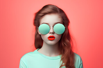 Colorful studio portrait of a cool teenager girl with age specific outfit and accessories. Bold, vibrant and minimalist. Generative AI