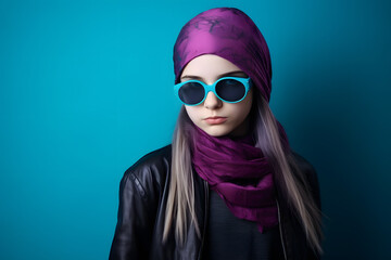 Colorful studio portrait of a cool teenager girl with age specific outfit and accessories. Bold, vibrant and minimalist. Generative AI
