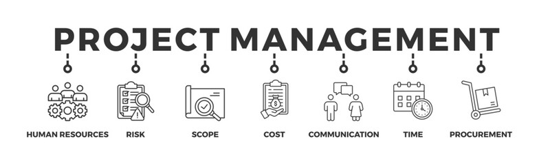 Project management banner web icon vector illustration concept with icon of human resources, risk, scope, cost, communication, time and procurement
