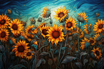 A Painting Of A Field Of Sunflowers