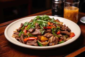 Beef And Vegetable Stirfry On Plate In Retrostyle Cafe