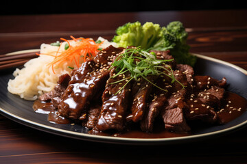 Beef Teriyaki On Plate In Retrostyle Cafe