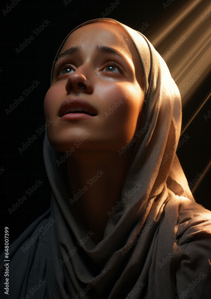 Poster Young muslim woman lifting her head in prayer. Sunlight on her face. Religion concept. - Posters