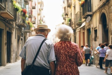 an elderly couple in love walks around the city, traveling on vacation. urban photo concept. world older people's day