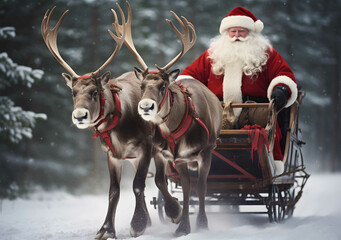 Reindeer pulling Santa Claus sleigh in the snow delivering Christmas presents. Generative AI