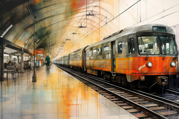 Fototapeta na wymiar Busy Train Station Platform Painted With Crayons