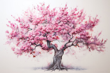 Fototapeta na wymiar Cherry Blossom Tree Blooming Painted With Crayons