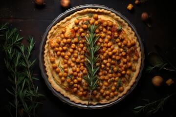 view from above vegan vegetarian chickpea and bean pie. concept of healthy proper plant nutrition rosemary