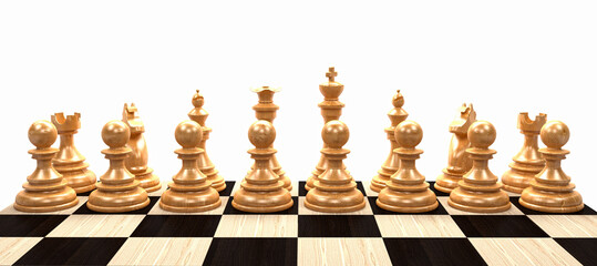 white chess pieces placed on a chessboard. chess 3D rendering.