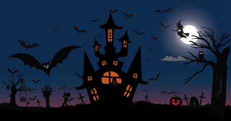 scary place with castle in cemetery, witch on moon and bats, Halloween background illustration