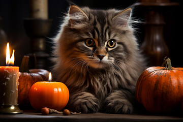 Adorable cat sitting on a pumpkin patch