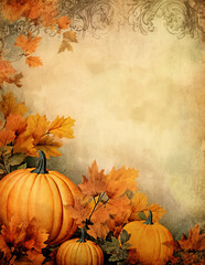 Vintage autumn Halloween background with flowers and pumpkins