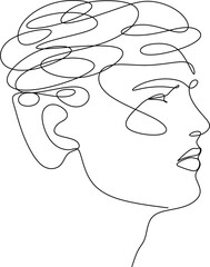 Continuous one line art anxiety drawing stress art making people confused about any problem. Vector illustration of a feeling of female, male disorder with round doodles instead of a head. Mindfulness