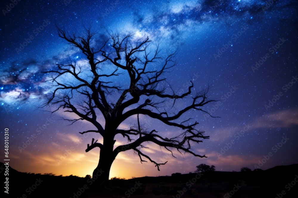 Wall mural space in the milky way.starry night with silhouettes of smiling individuals standing and waving. peo