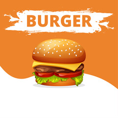vector poster for fast food restaurant. burger with inscription on orange background