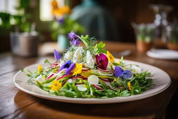 Edible Flower Salad On Plate In Botanicalstyle Cafe