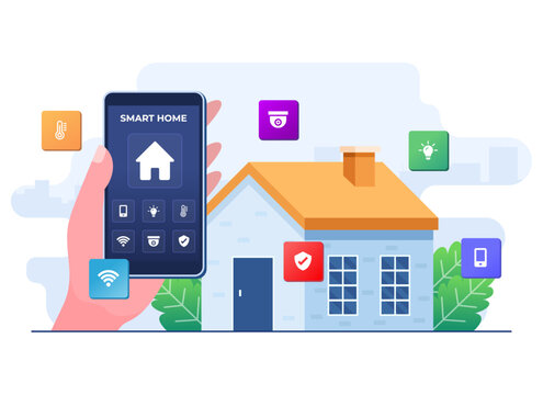 Smart home application on hand holding smartphone screen, Home automation, Controlling house devices, Remote home control technology, house technology system with wireless centralized control