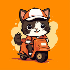 Cat delivery vector flat illustration on bright orange background.