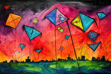 Colorful Kites In Sky Painted With Crayons