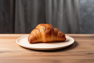 A Croissant Sitting On A White Plate On A Wooden Table