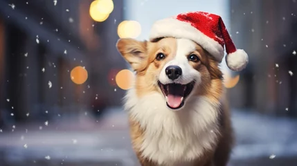 Poster Christmas corgi dog on festive christmas light bokeh street background © Jim1786