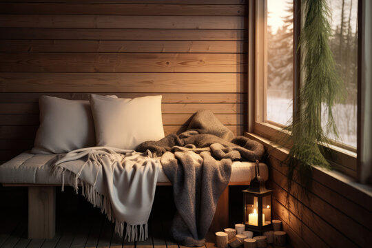 Cozy Sauna Corner With Soft Blankets And Cushions - Powered by Adobe