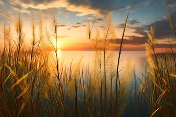 Fototapeten 3d rendering Little grass stem close-up with sunset over calm sea . © Ahtesham