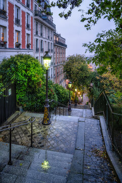 Streets of Montmartre at night, Paris, France