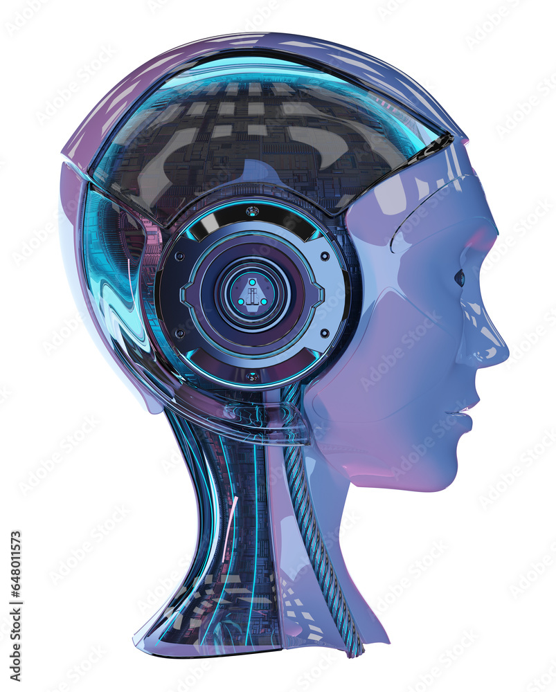 Poster Isolated woman robot head with modern studio lights. 3d rendering of cyborg humanoid female face on transparent background