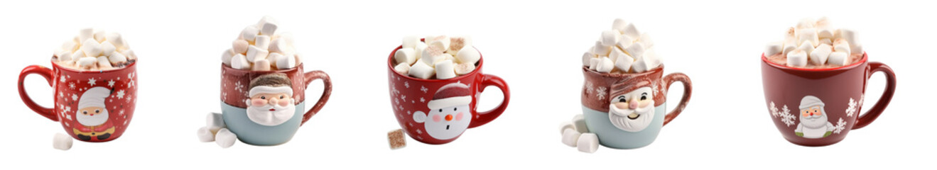 Sets of mugs with hot chocolate and marshmallows, Christmas design. Generative AI.
