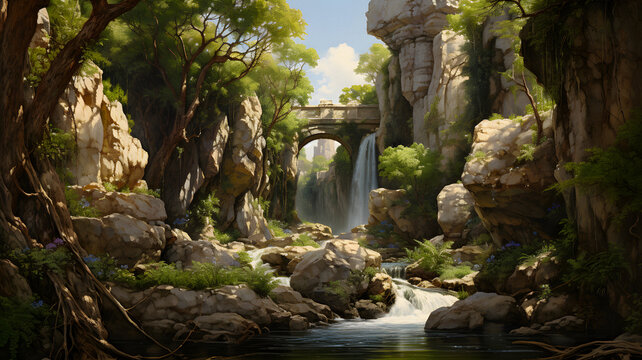 painting of a waterfall in a rocky area with a bridge Generative AI