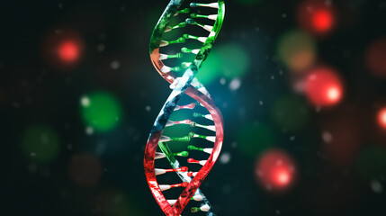 a DNA double helix, with one strand colored in heroic shades of green representing the positive effects of the APOE4 gene, and the other in villainous red symbolizing its negative impact on health