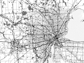 Obraz premium Greyscale vector city map of Detroit Metro Michigan in the United States of America with with water, fields and parks, and roads on a white background.