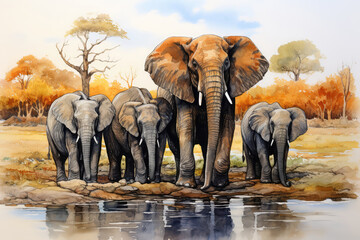A Group Of Elephants Standing Next To A Body Of Water