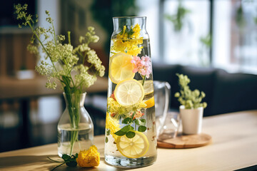 Floral Infused Water On Plate In Botanicalstyle Cafe