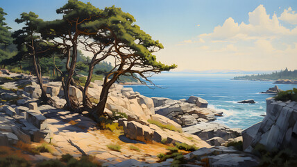 Fototapeta na wymiar painting of a tree on a rocky cliff overlooking the ocean Generative AI